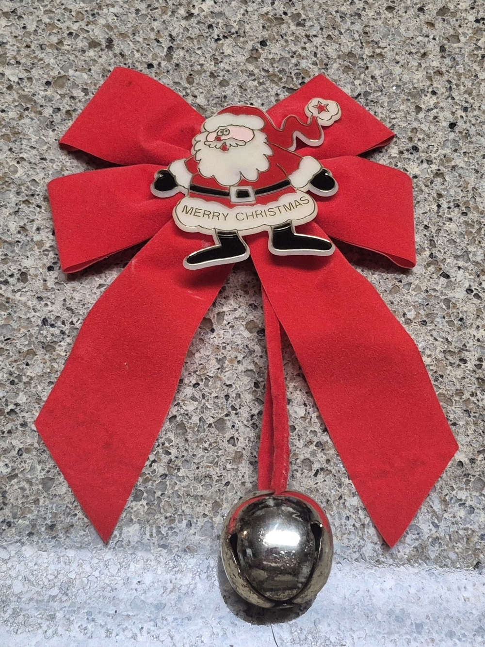 Vintage Christmas Red Velvet Bow Santa Jingle Bell Door Hanger Ornament 11"